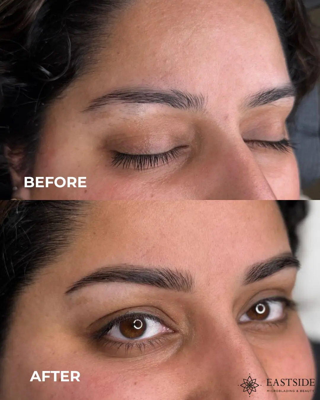 Close view of a client's permanent makeup brows and eyeliner