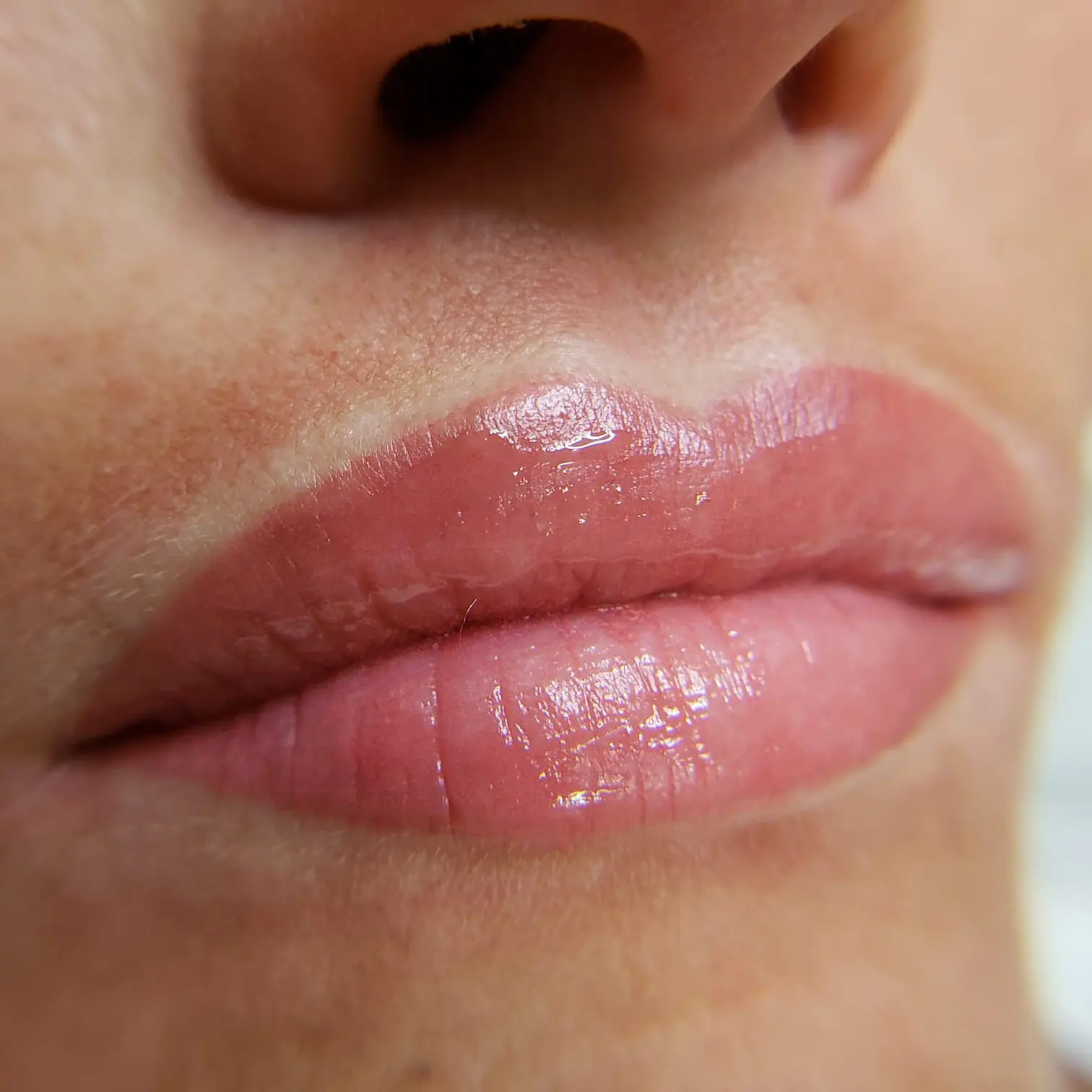 Healed pink lip blush result shown upright