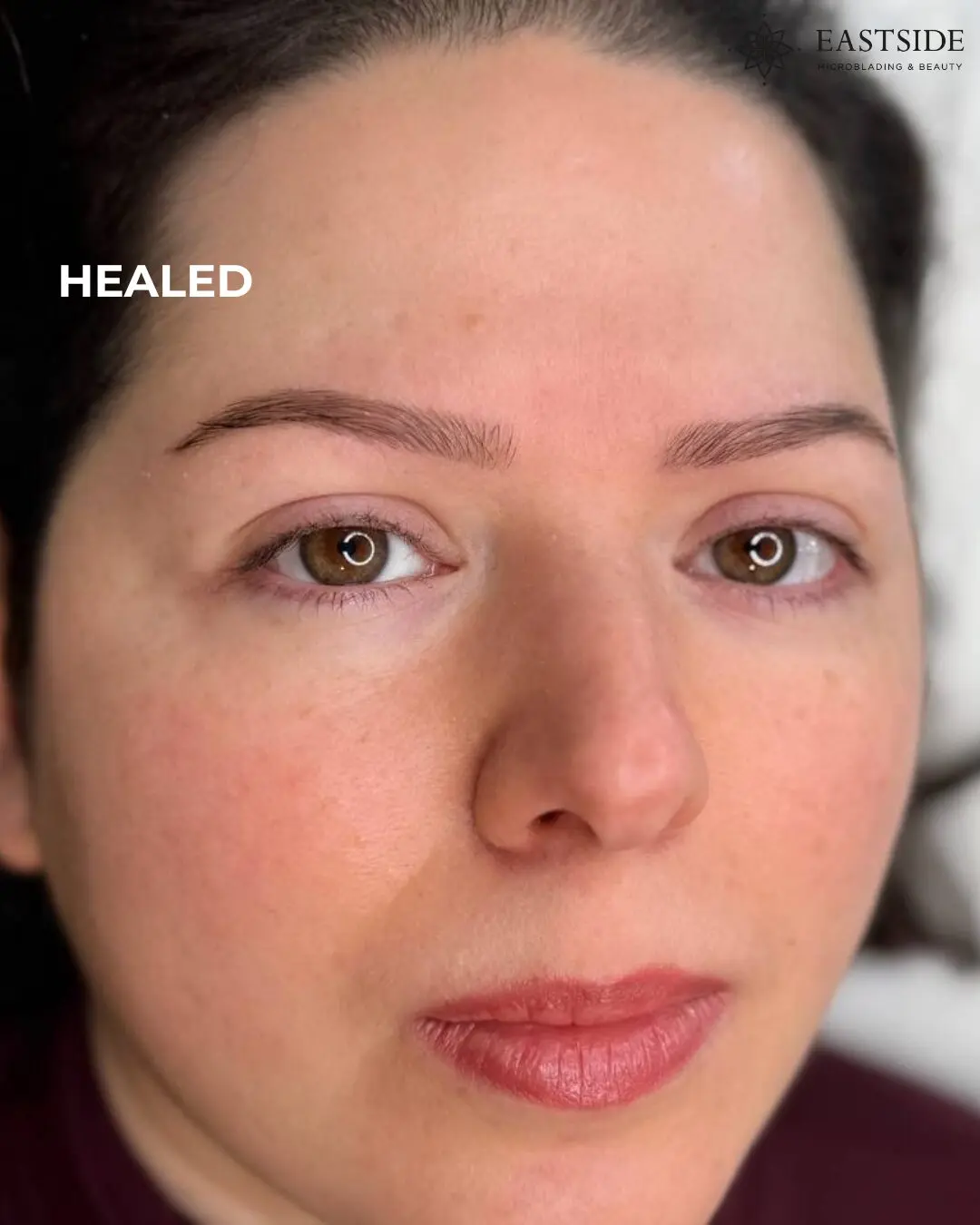 Powder brow result shown before, immediately after, and healed