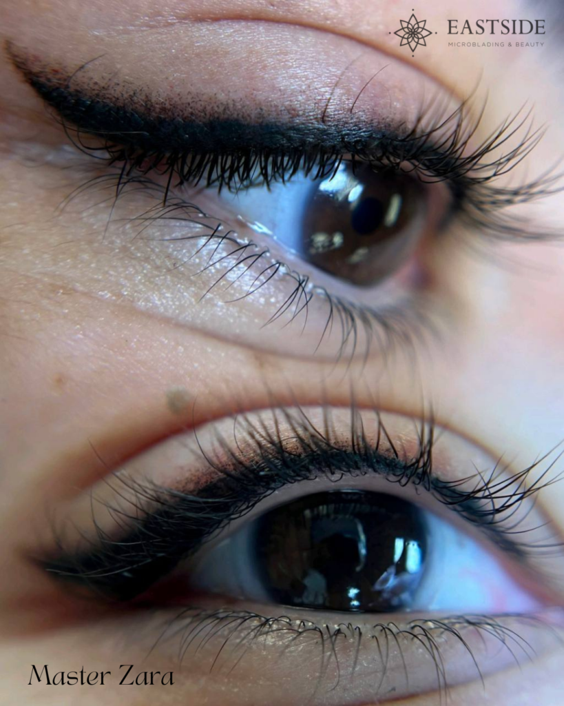 Permanent eyeliner before and after on a blue-eyed client